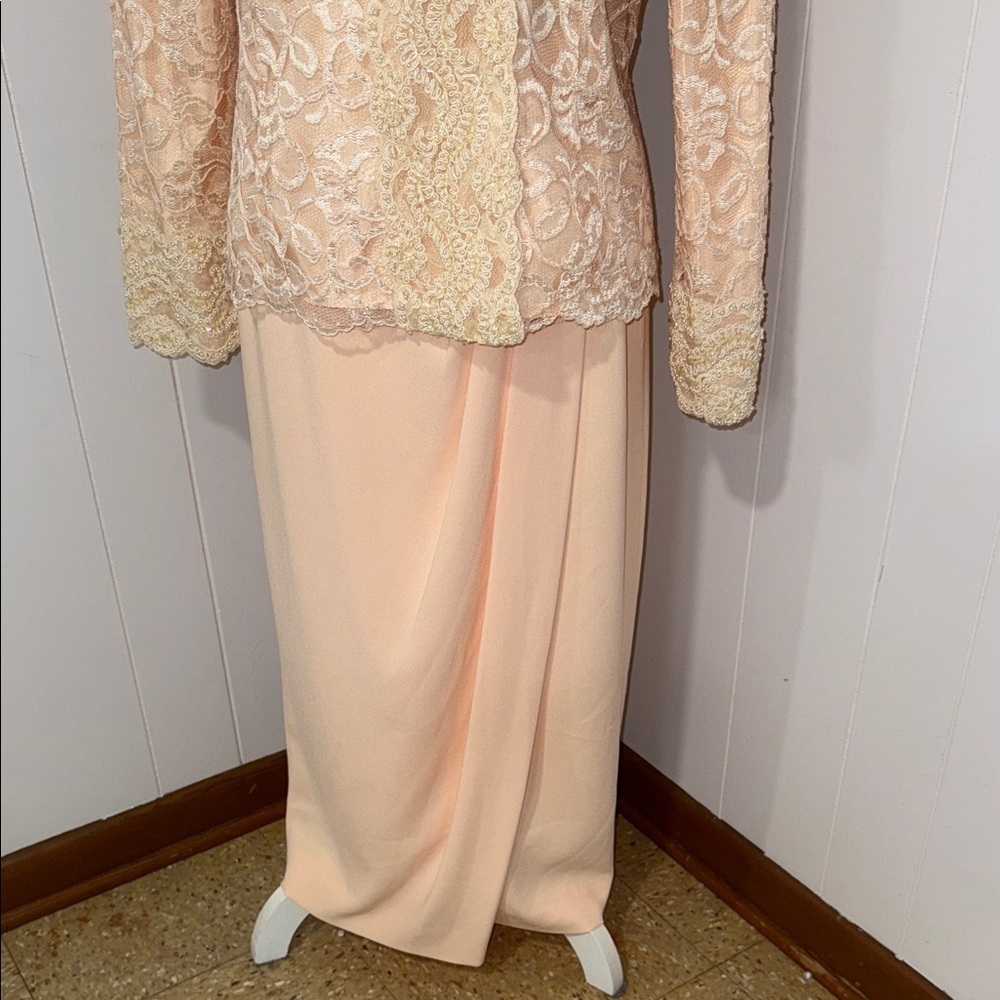 Elegant Lace Overlay Peach Dress Set - Picture 3 of 11